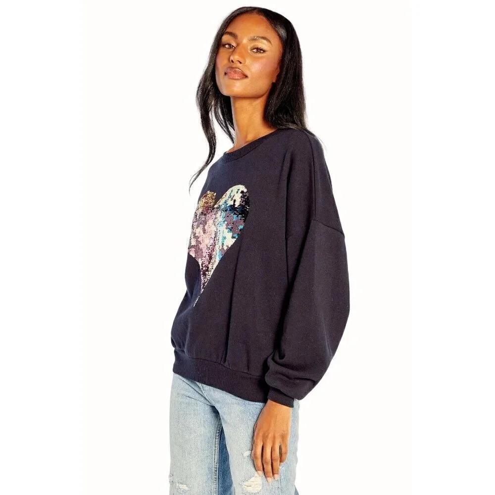 Wildfox Harlequin Heart Fifi Sweatshirt Black Womens Sz XS Oversized Sequins NEW - Picture 13 of 13